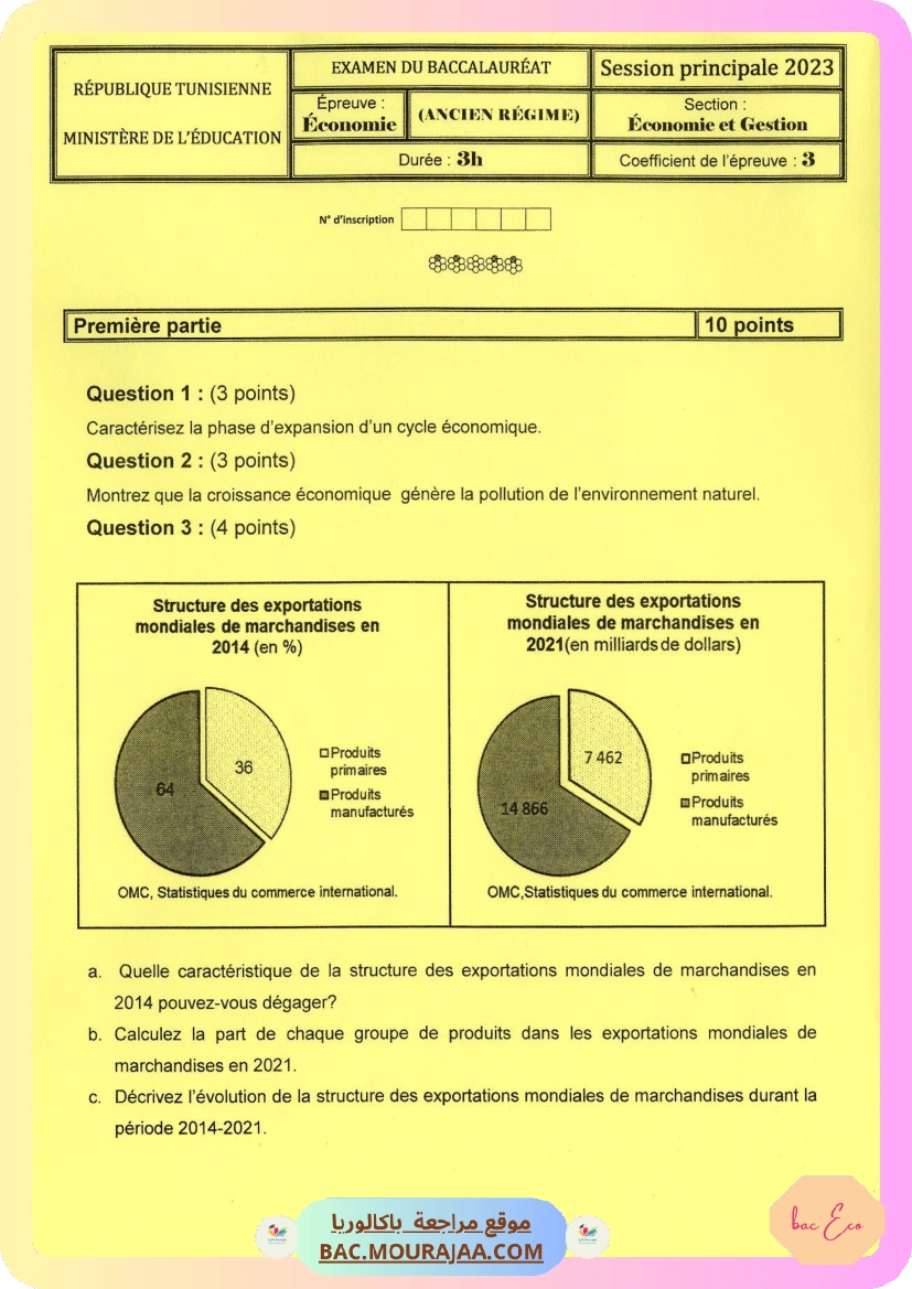 Sujet principale eco Bac 2023 – Section eco